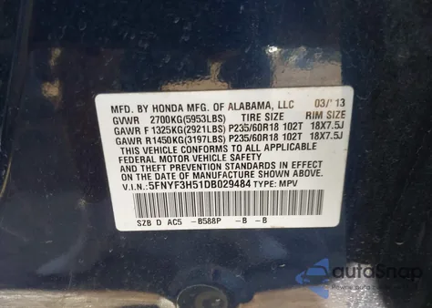 2013 Honda Pilot Ex-L из США, поврежденный, VIN 5FNYF3H51DB029484